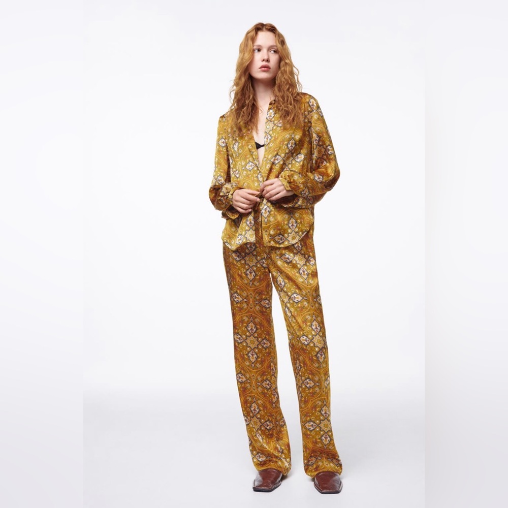 Zara Satin Effect Yellow Paisley Top + Pant Set